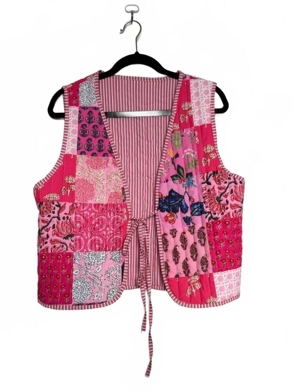 Pink Boheamian Coquette Patchwork Quilted Tie-Front Vest